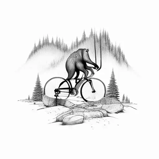 A Cyclist Riding Through A Wilderness Trail With A Bear Running Alongside