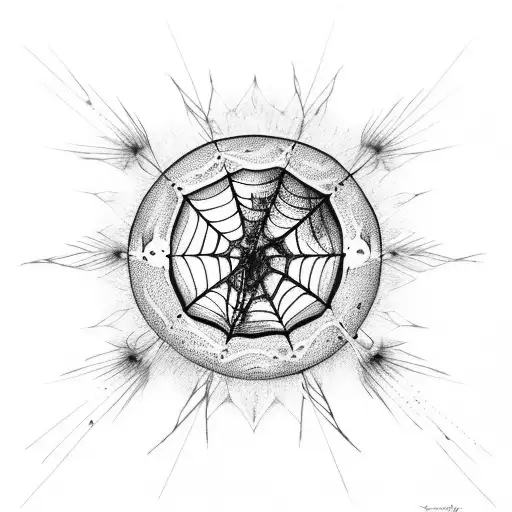 Detailed Cresecent Moon With Spider Web Hanging Down With Water Droplet On It