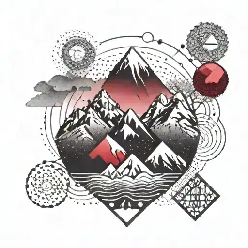 A Geometric Mountain Range Tattoo With A Ruby Gemstone Incorporated Into The Design