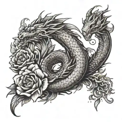 Phoenix Dragon Holding Snake With Flowers
