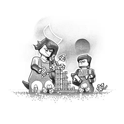 A Tattoo Of A Mother And Her Two Sons Building A Lego Tower Surrounded By Flowers