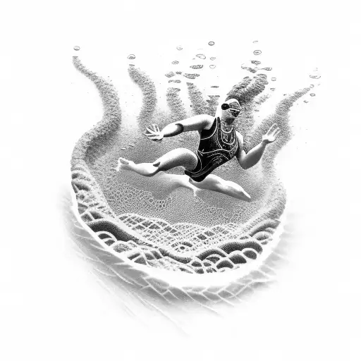 A Detailed Black-grey Tattoo Of A Swimmer Diving Into A Pool With 3D Printed Waves