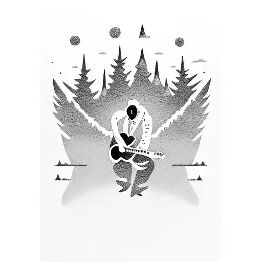 A Silhouette Of A Snupkin Playing Guitar On A Scenic Mountaintop