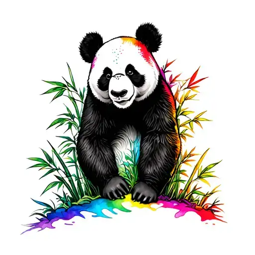Warrior Panda Hiding Behind A Bamboo Forest In Black And White With Rainbow Water Colour Edging