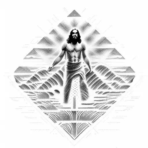 Jesus Walking On Water With Binary Code Waves