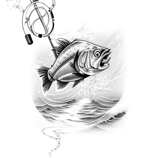 Fishing Rod And Reel With A Fish Jumping Out Of The Water
