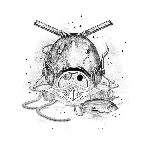 A Military Helmet With A Fish Hook And Line Wrapped Around It