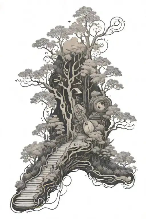 A Trail Winding Through A Forest With A Hidden Musical Instrument Along The Path