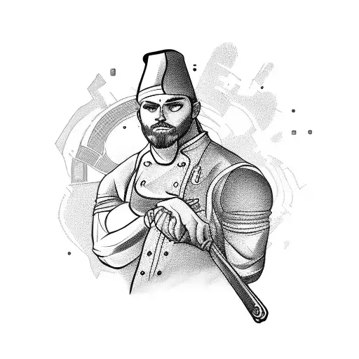 Create A Tattoo Of A Chef Character From A Video Game In A Dynamic Action Pose