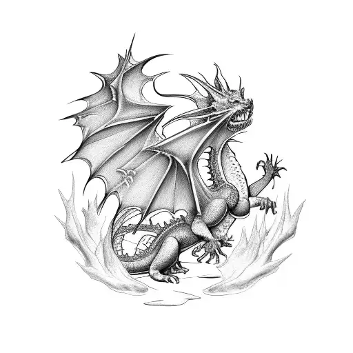 Realistic Dragon And Flowers