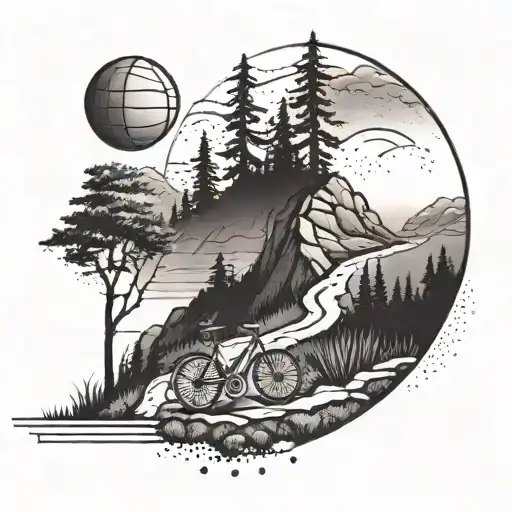 A Mountain Landscape With A Winding Bicycle Path And A Basketball Hoop At The Summit