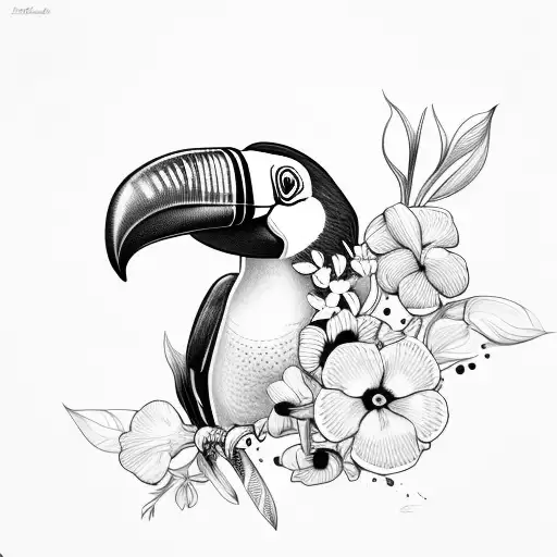 Toucan With Flowers And Big Beak Line Art