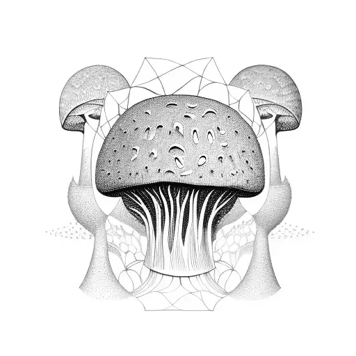 A Surreal Tattoo Featuring A Mushroom Forest With Infinite Geometric Shapes Emerging From The Ground