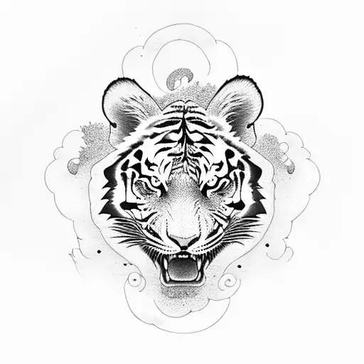 A Tiger Swimming With A Pod Of Phoenixes In Dotwork Style