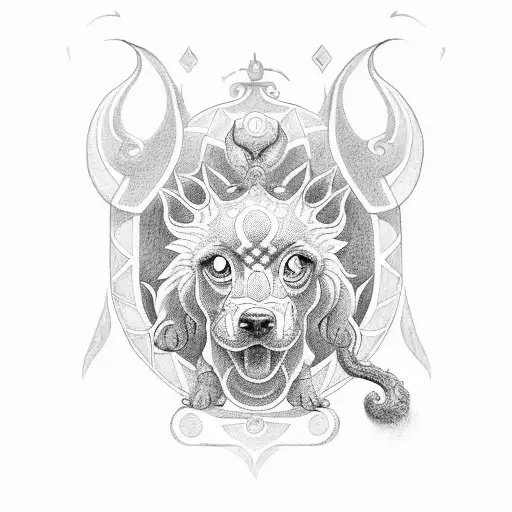 A Dotwork Tattoo Of The Three-headed Dog Cerberus Guarding The Gates Of The Underworld