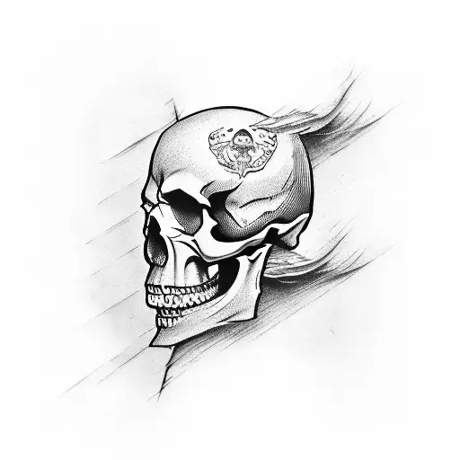 Skull With One Mask On Side Of Head With Samurai Sword