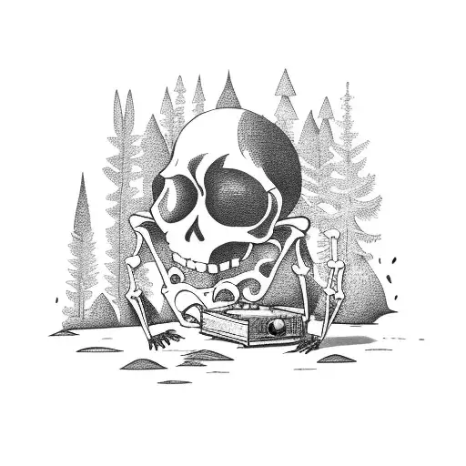 A Skeleton Hiking Through A Dense Forest With A Record Player On Its Back