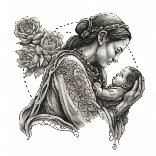 A Serene Portrait Of A Mother Holding Her Son With A Rosary Draped Around Them