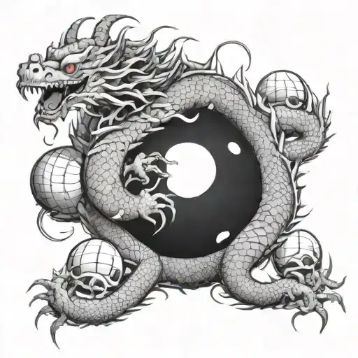 A Dotwork Design Of Shenron Surrounded By The Dragon Balls