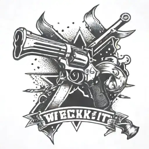 A Pitchfork And Gun Intertwined With The Words 'Wreck It' With Six Point Stars