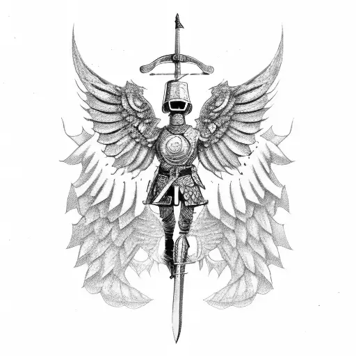 Armoured Men With Wings Standing Holding A Sword In The Middle