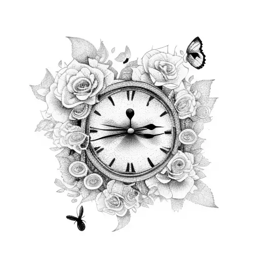 Smashed Clock With Butterflies And Flowers