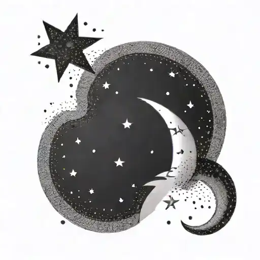 A Minimalist Black And Grey Tattoo Of A Crescent Moon And A Shooting Star In A Dotwork Style