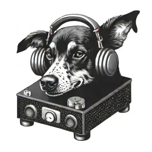 A Dotwork Tattoo Of A Dog Listening To Music With Headphones On A Record Player