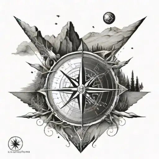 A Trail Winding Through A Mountain Range With A Compass Rose At The Center