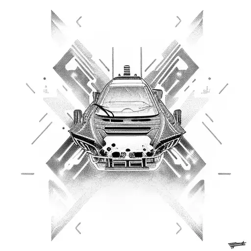 A Jdm Car With A Cyberpunk Cityscape As The Background In A Dotwork Style