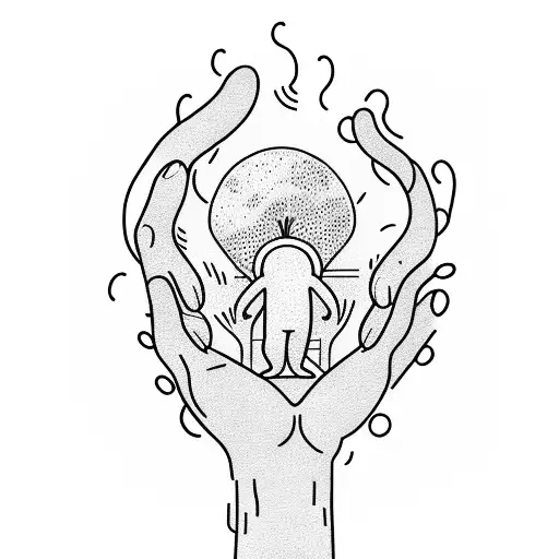 Man With Waves Looking At A Hands Holding A Plant And A Blimp That Says The World Is Mine