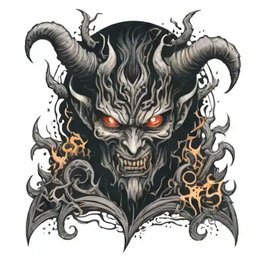 A Dark And Haunting Tattoo Of The Devil Lord With A Background Of Flames And Demonic Figures