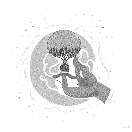 Man With Wave Hair Looking At A Hands Holding A Plant And A Blimp That Says The World Is Mine