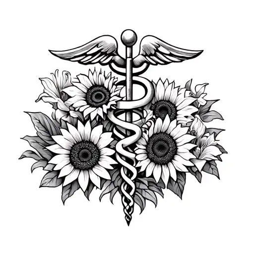 A Veterinary Caduceus Symbol With Sunflowers And Lilies Incorporated Into The Design