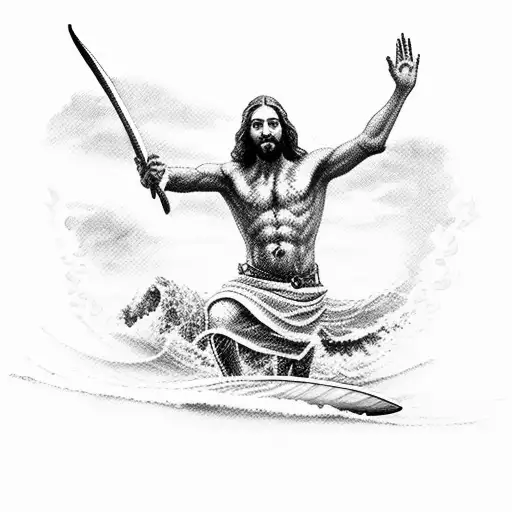 A Detailed Sketch Of Jesus Walking On Water With A Surfboard