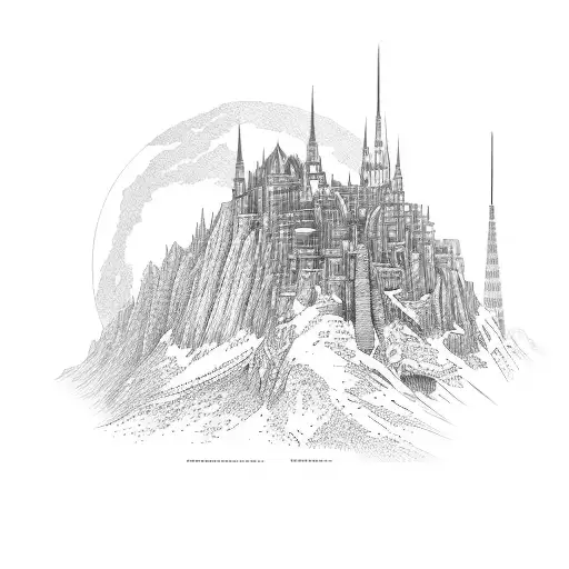 An Architectural Blueprint Of A Famous Landmark Merged With A Mountain Range