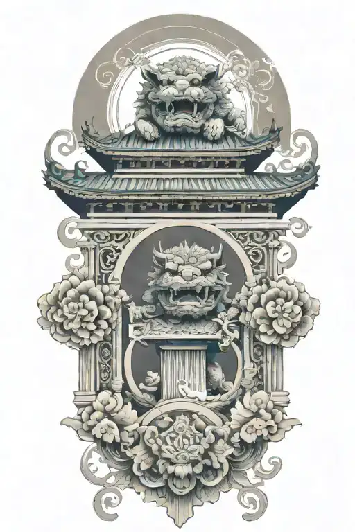 Two Japanese Foo Dog Guarding A Temple Gate Great Wave Off Kanagawa