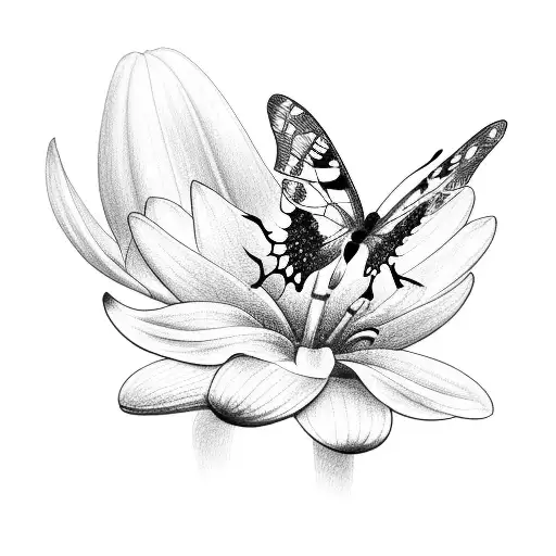 A Detailed Sketch Of A Butterfly And Hummingbird Perched On A Lily