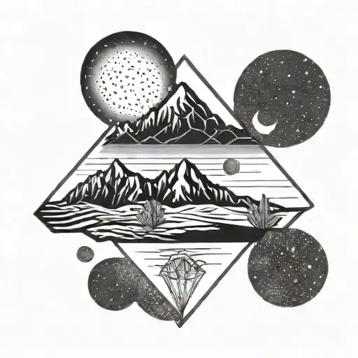 Simple Black And Whit Desert Clear Nigh Landscape With A Moon Tattoo Inside A Diamond Shape