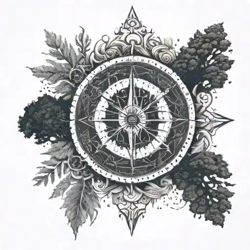 A Dotwork Design Featuring A Mystical Forest Surrounding A Vegvisir Compass