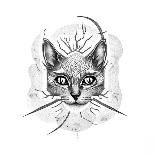 A Dotwork Tattoo Of A Mysterious Dark Cat With Spider Legs Emerging From Its Body