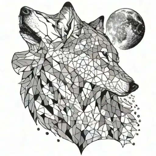 A Geometric Wolf Howling At The Moon In A Dotwork Style
