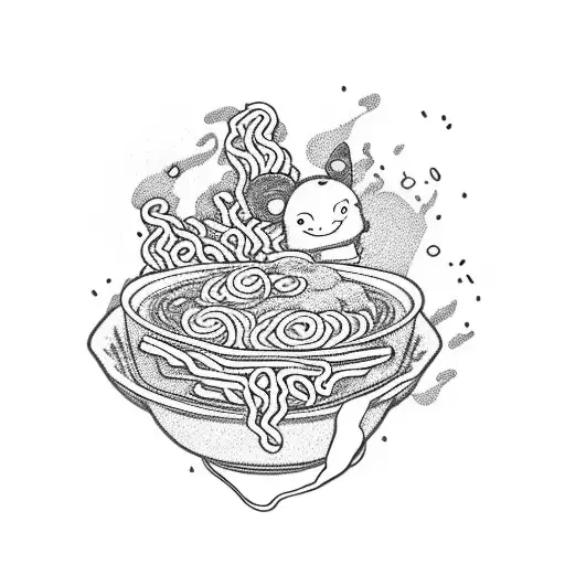 Manga Style Ramen Noodles With Small Anime Characters And Japanese Flag In The Background