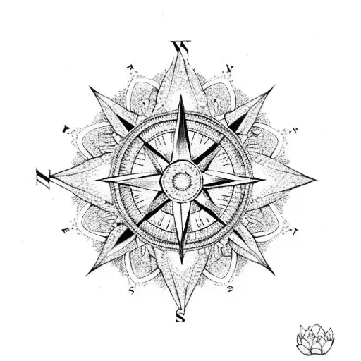 A Compass Surrounded By Intricate Dotwork Patterns And Adorned With Small Cacti And Lotus Flowers