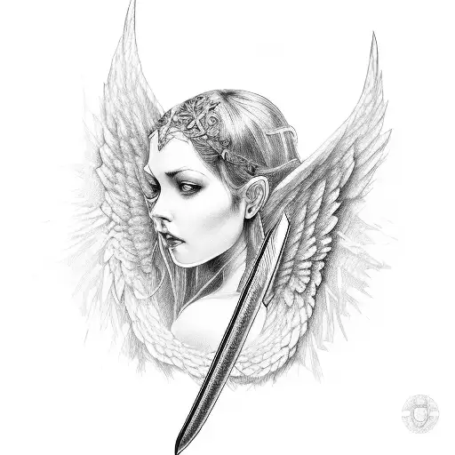 Angel Looking Up Holding Sword