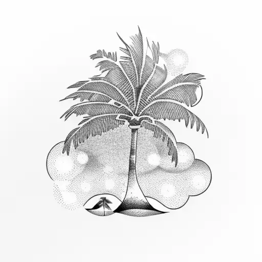 A Dotwork Tattoo Of A Palm Tree On A Tropical Beach With Musical Notes Floating In The Air