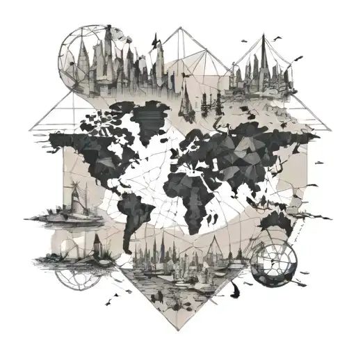 A Geometric World Map With Landmarks From Favorite Travel Destinations Incorporated In Dotwork Style