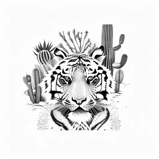 A Tiger Exploring A Desert Filled With Cacti