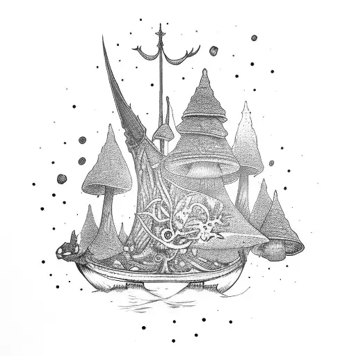 A Viking Longship Sailing Through A Forest Of Towering Mushrooms