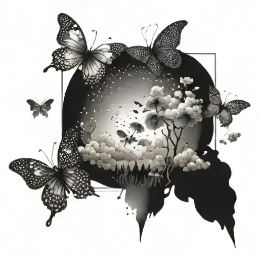 A Dotwork Tattoo Of A Nature Scene With Sparkling Butterflies And Clouds Forming The Shape Of 777